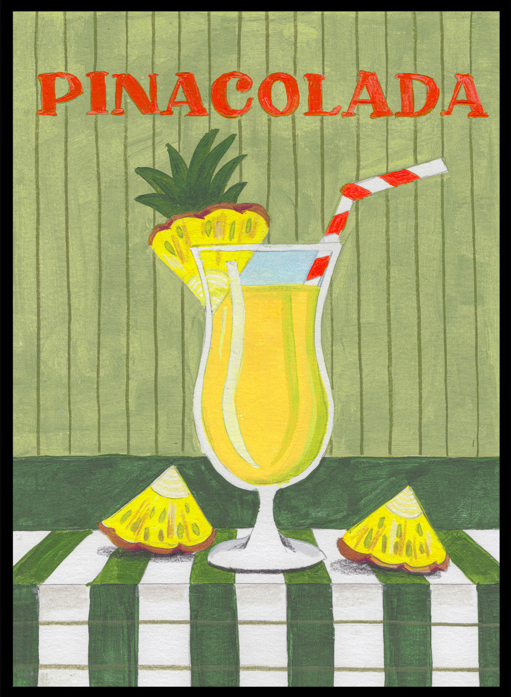 Illustration of a pina colada drink with pineapple slices on a checkered tablecloth. Piña Colada Summer Drink by Caroline Bonne Müller is a fine art print and wall poster of a pineapple cocktail with striped straw and green table setting.