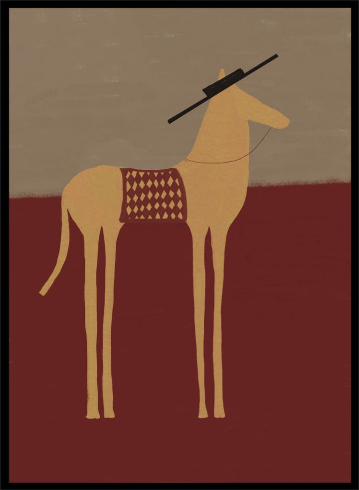 A stylized art print of a camel standing in profile, with a dark hat on its head and a patterned saddle blanket, set against a split beige and dark red background. Desert Horse with Sombrero by The Art Concept animal art print featuring a long-legged horse, patterned saddle blanket, black sombrero, and warm desert tones.