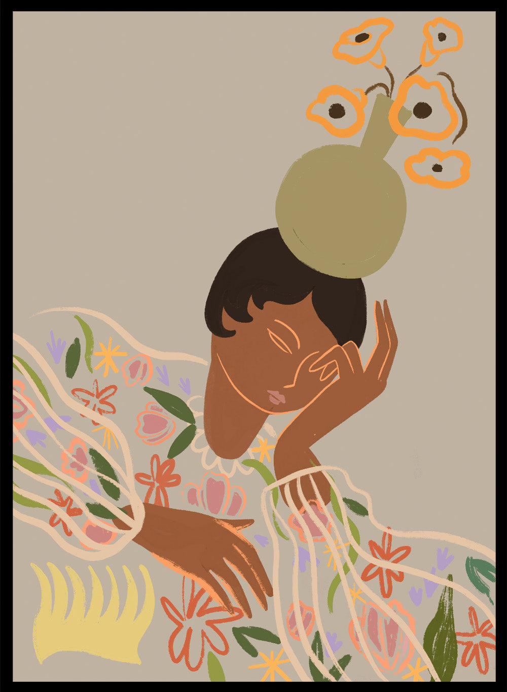 Illustration of a person with a flower on their head against a beige background. The Overthinker by Arty Guava is a modern woman illustration art print with soft florals and warm tones. Officially licensed wall poster with framing.