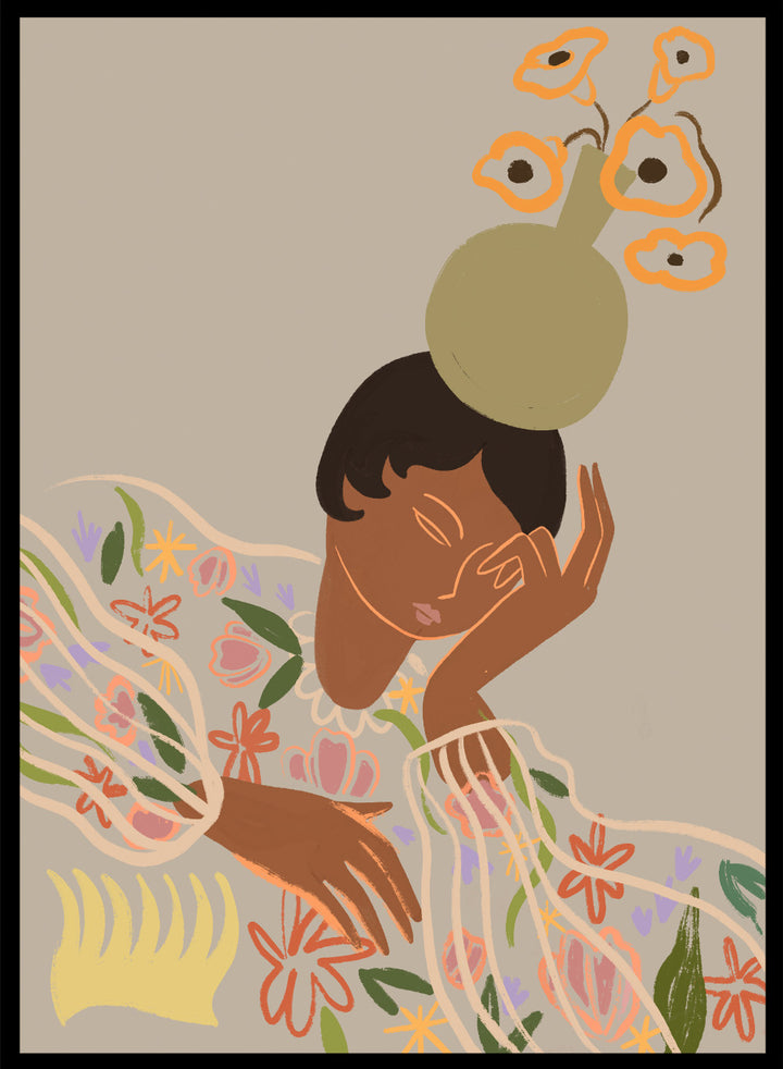 Illustration of a person with a flower on their head against a beige background. The Overthinker by Arty Guava is a modern woman illustration art print with soft florals and warm tones. Officially licensed wall poster with framing.