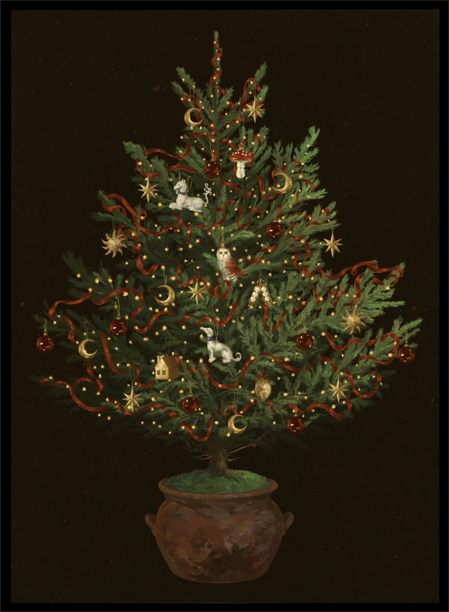 Shop Whimsical Christmas Tree by NKTN, a festive Christmas wall art print poster featuring a decorated tree, woodland ornaments, stars, ribbons, and glowing lights.