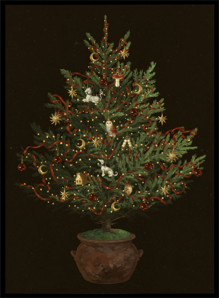 Shop Whimsical Christmas Tree by NKTN, a festive Christmas wall art print poster featuring a decorated tree, woodland ornaments, stars, ribbons, and glowing lights.