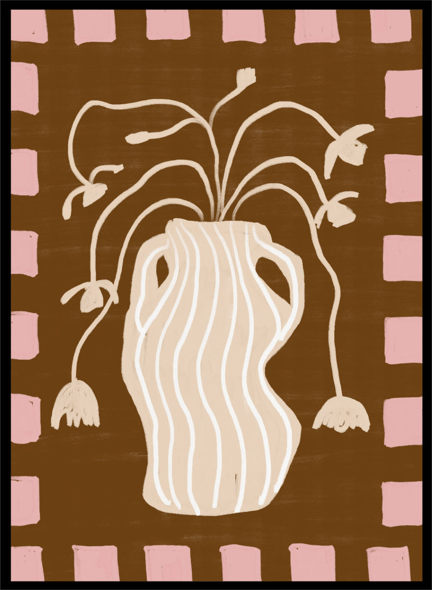 A stylized art print featuring a cream-colored wavy vase with stems and hanging flower buds on a brown background, framed by a pink and brown checkered border. Soft Floral Arrangement by The Art Concept still life art print featuring a striped vase, drooping flowers, warm brown tones, and a soft pink border.