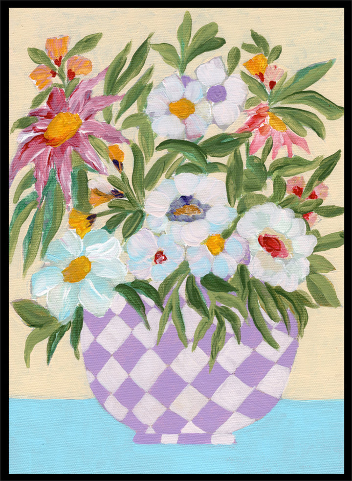 Shop Cheerful Flower Bouquet by Nikita Jariwala, a floral wall art print poster featuring a colorful flower arrangement in a purple checkered vase.