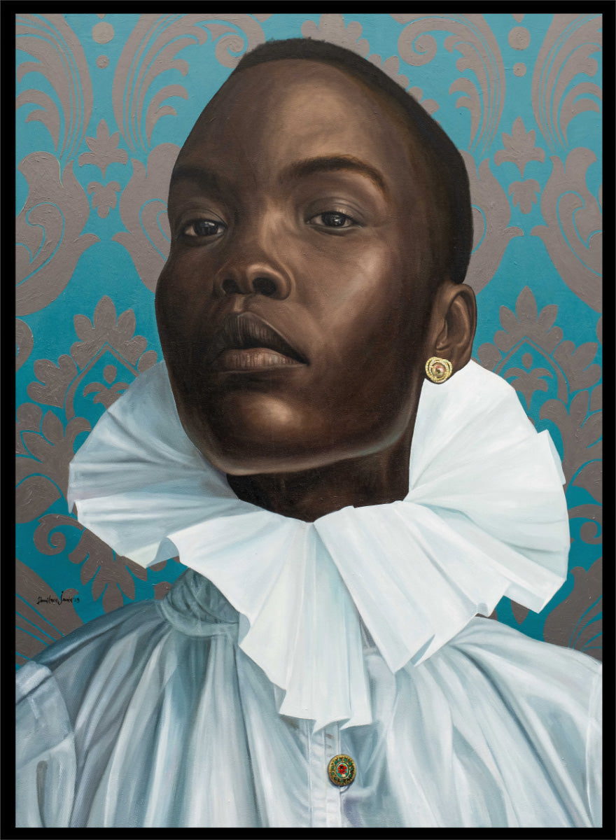 A portrait painting of a Black man with a shaved head, wearing a large white ruffled collar and light blue shirt, set against a teal and gold damask patterned background. Shop Regal Woman Ruff Collar by Damilare Jamiu, a contemporary portrait wall art print featuring a regal woman, dramatic white ruff collar, and rich teal tones.