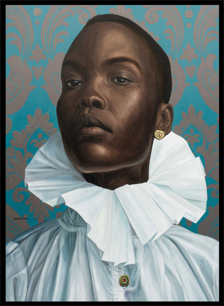 A portrait painting of a Black man with a shaved head, wearing a large white ruffled collar and light blue shirt, set against a teal and gold damask patterned background. Shop Regal Woman Ruff Collar by Damilare Jamiu, a contemporary portrait wall art print featuring a regal woman, dramatic white ruff collar, and rich teal tones.