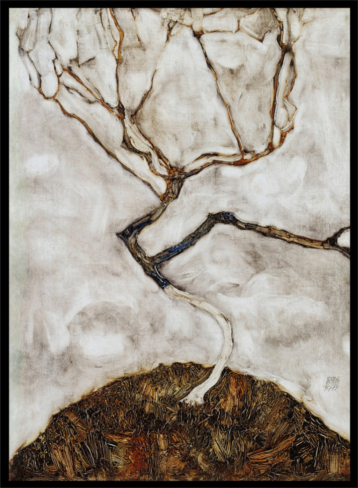Shop Small Tree in Late Autumn by Egon Schiele, a vintage Expressionist wall art print poster featuring a bare autumn tree in soft cream tones.