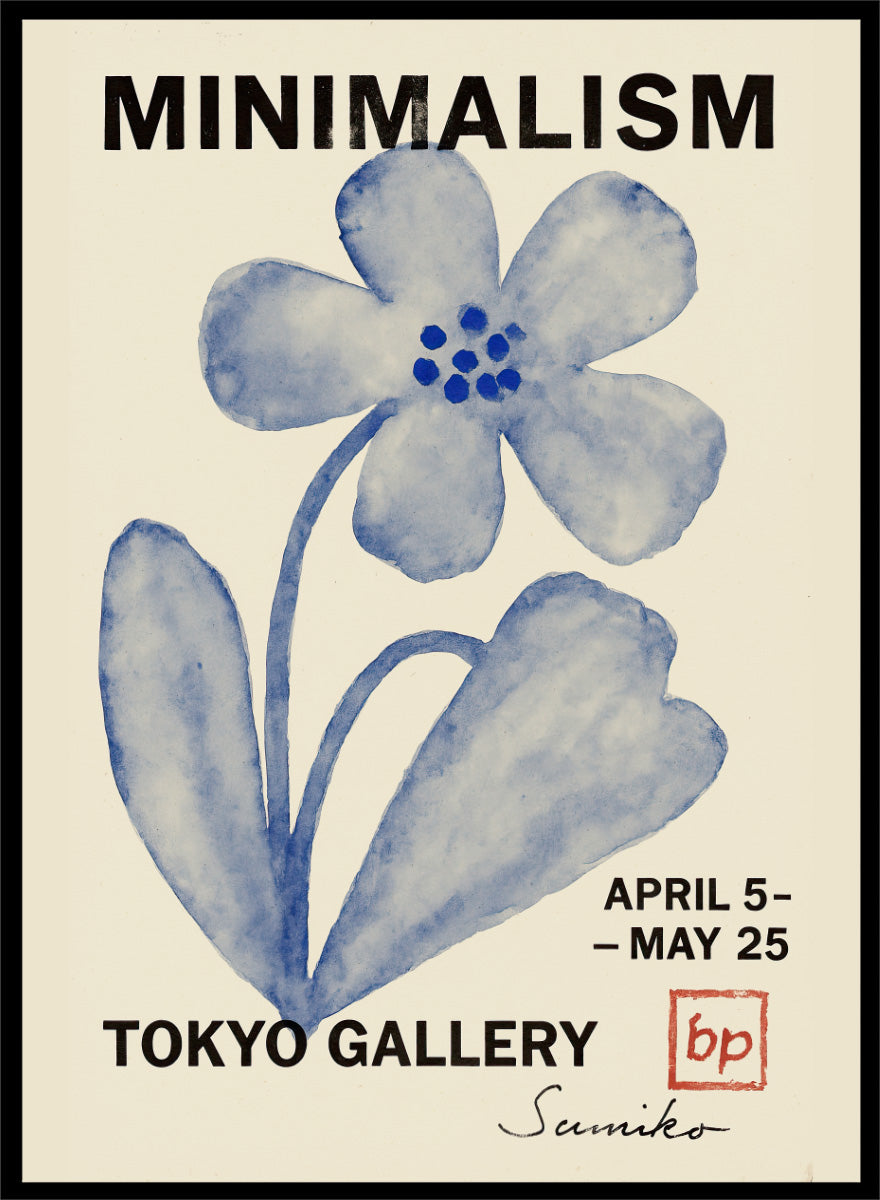 A minimalist art poster featuring a blue watercolor flower illustration on a cream background, with bold black text reading &