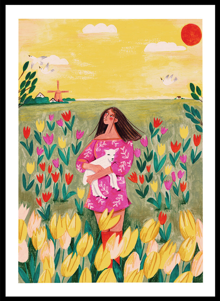 Woman holding a lamb in a field of flowers with a yellow sky and red sun. Woman Lamb Tulip Field by Caroline Bonne Müller is a fine art print and wall poster of a woman holding a lamb in a tulip field with a bright landscape.