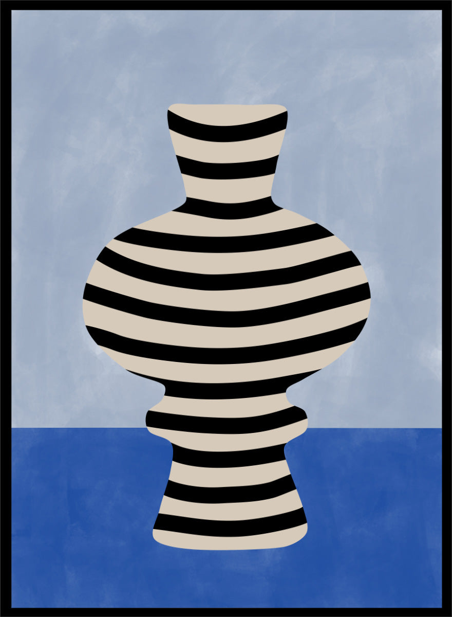 Shop Modern Striped Vase by Elena Ristova, a modern still life wall art print poster featuring a black-and-cream striped vase against soft blue tones.