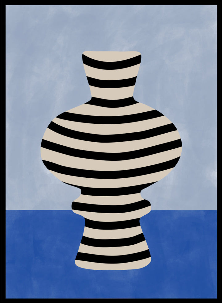 Shop Modern Striped Vase by Elena Ristova, a modern still life wall art print poster featuring a black-and-cream striped vase against soft blue tones.