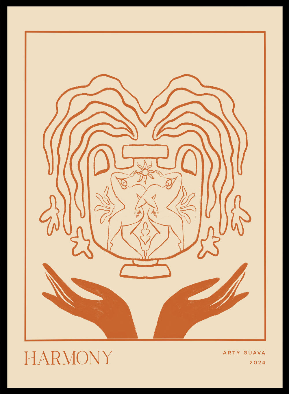 Artistic illustration of a heart with hands holding it, titled 'Harmony' by Arty Guava 2024. Harmony by Arty Guava is a minimalist vessel art print with terracotta linework, mirrored figures, and symbolic calm. Officially licensed wall poster.