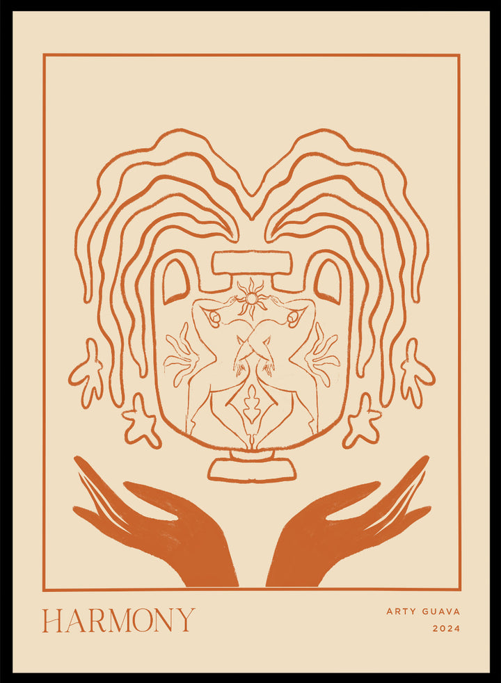 Artistic illustration of a heart with hands holding it, titled 'Harmony' by Arty Guava 2024. Harmony by Arty Guava is a minimalist vessel art print with terracotta linework, mirrored figures, and symbolic calm. Officially licensed wall poster.