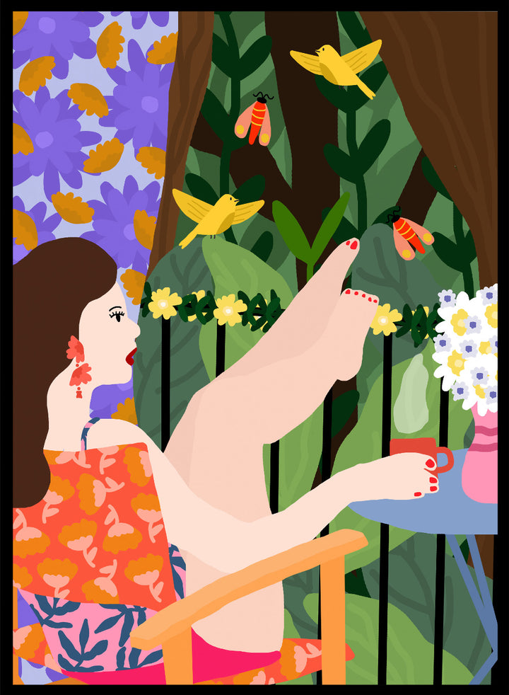 Illustration of a woman sitting by a pool with flowers and birds in a colorful garden setting. Morning on the Balcony by Rafaela Mascaro fine art print poster featuring woman with coffee, birds, lush greenery, botanical scene, modern contemporary wall art.