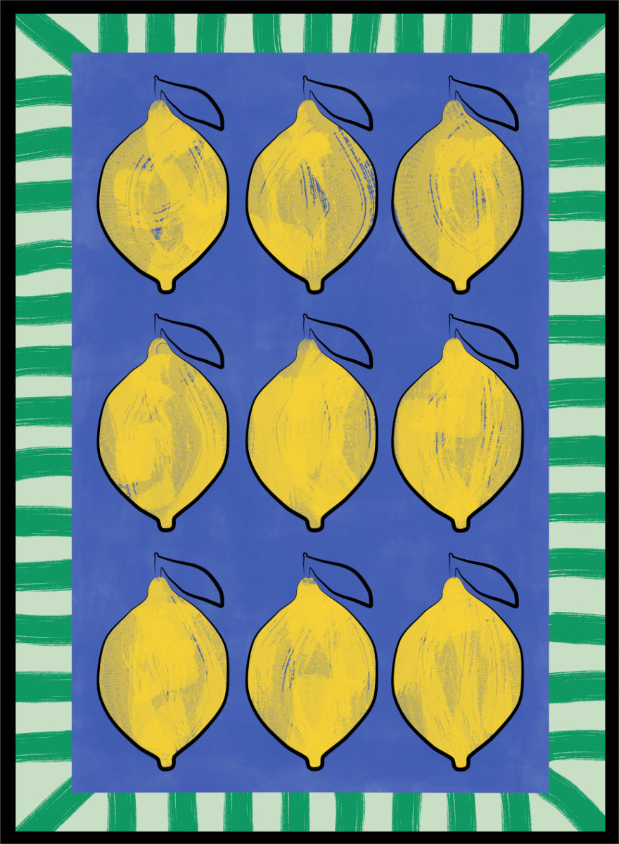 Shop Vibrant Lemons Blue Grid by Elena Ristova, a colorful lemon wall art print poster in yellow, blue, and green with a bold graphic grid design.