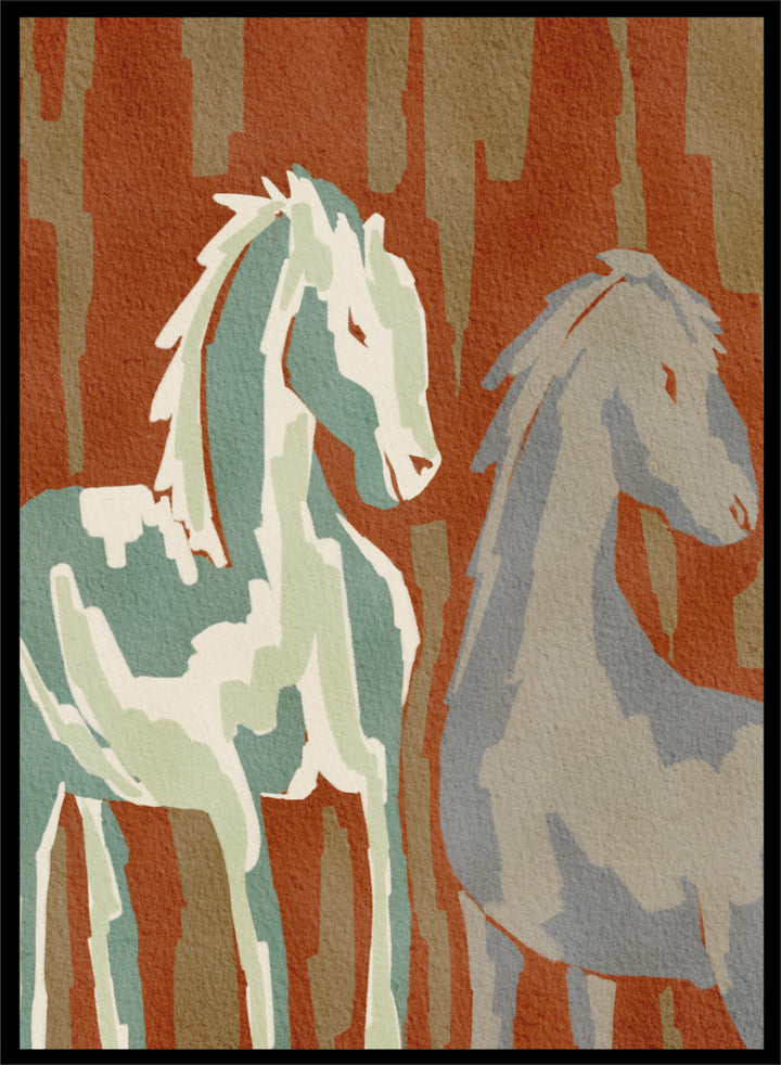 Shop Abstract Forest Horses by Nikita Jariwala, a modern horse wall art print featuring two abstract horses, woodland shapes, and earthy rust, sage, and beige tones.