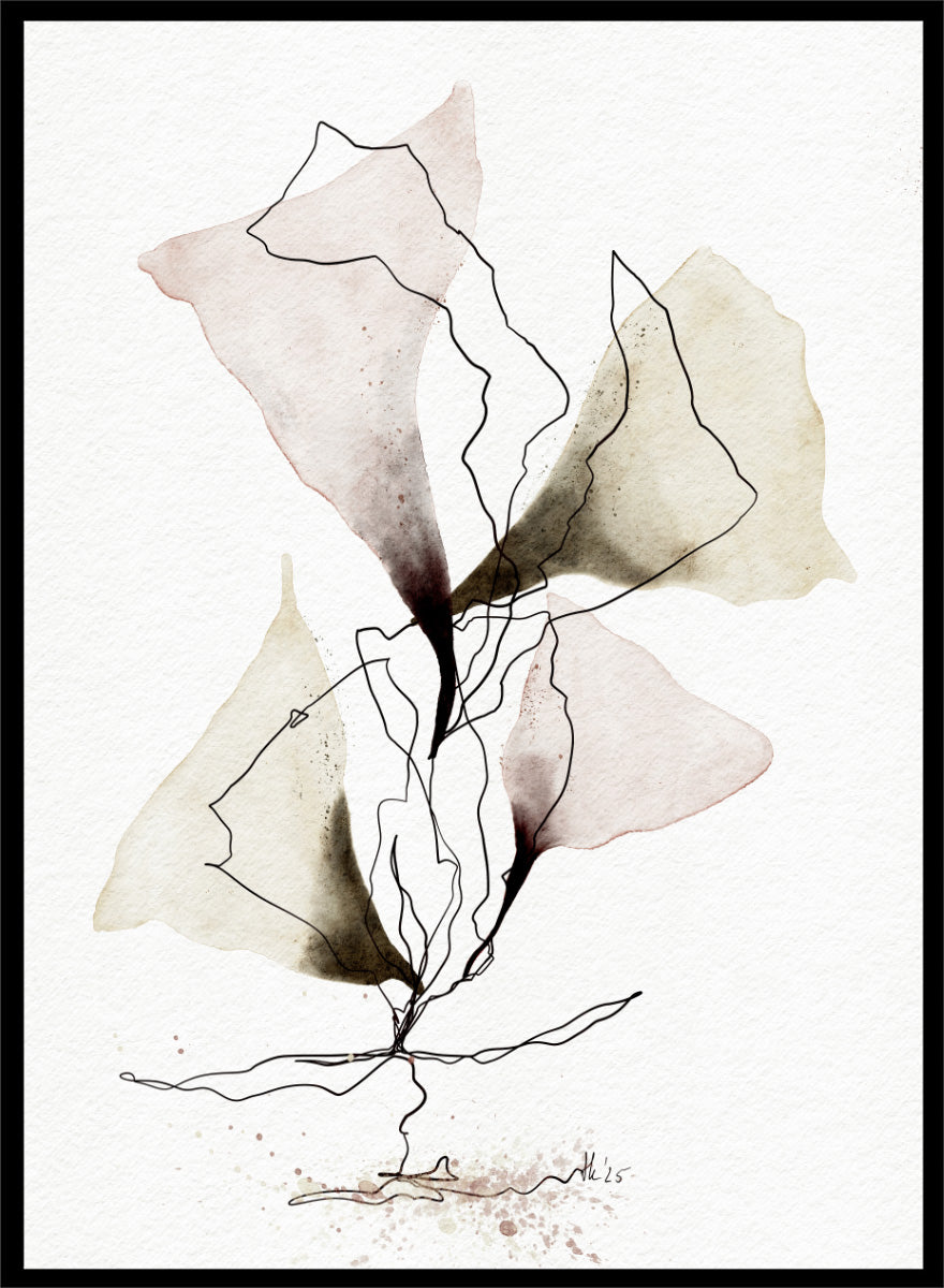 Abstract watercolor and ink botanical art print featuring soft beige, brown, and dusty rose watercolor shapes with fine black line work on textured white paper. Shop Abstract Botanical Flow by Ankie Kooi, a botanical wall art print poster with abstract watercolor leaves, floral line art, pink, green, cream, and black.