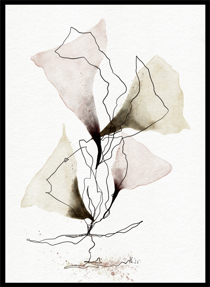 Abstract watercolor and ink botanical art print featuring soft beige, brown, and dusty rose watercolor shapes with fine black line work on textured white paper. Shop Abstract Botanical Flow by Ankie Kooi, a botanical wall art print poster with abstract watercolor leaves, floral line art, pink, green, cream, and black.