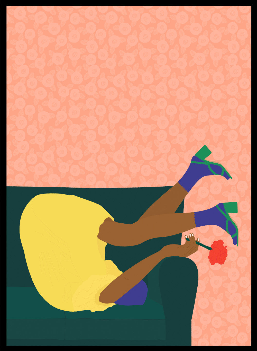 Illustration of a person sitting on a couch with a flower, against a patterned pink background. New Year’s Eve by Jota De Jai is a playful modern fine art print of a woman upside down on a couch in heels and a yellow dress. Available framed or unframed.