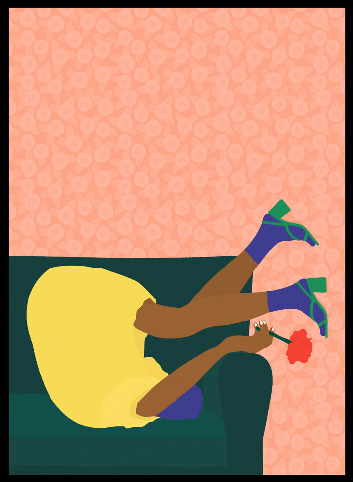 Illustration of a person sitting on a couch with a flower, against a patterned pink background. New Year’s Eve by Jota De Jai is a playful modern fine art print of a woman upside down on a couch in heels and a yellow dress. Available framed or unframed.