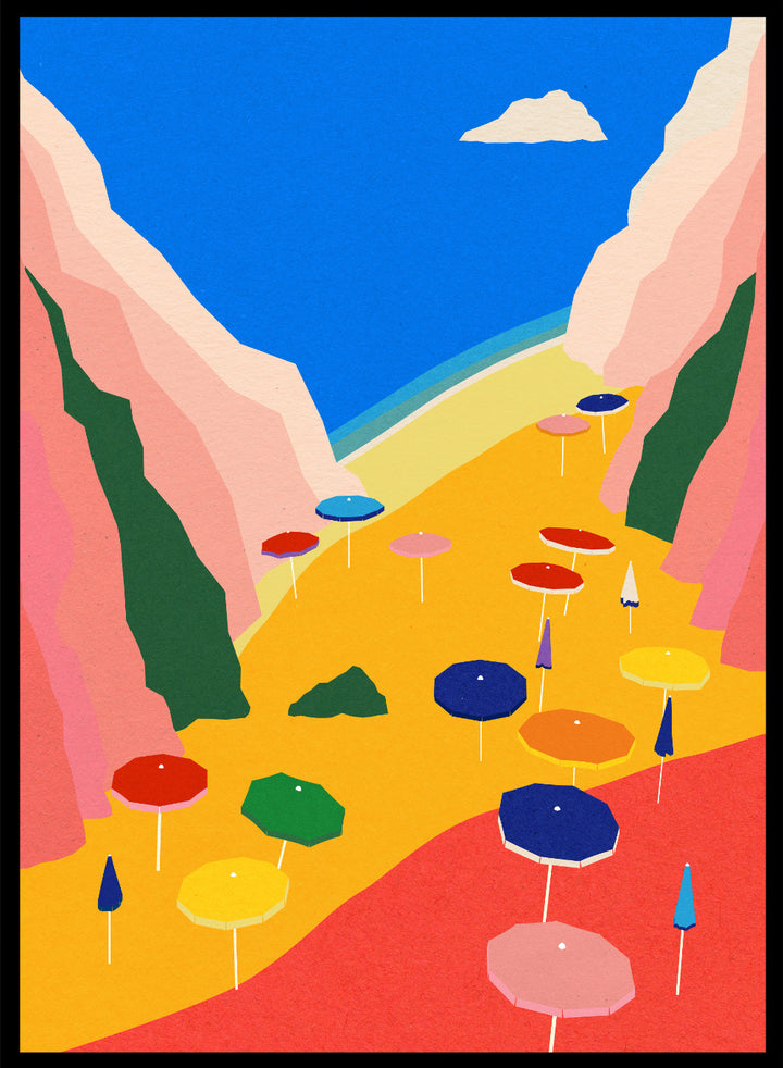 Colorful umbrellas on a red and yellow landscape with mountains and blue sky. Lido Liguria by Rosi Feist is a modern coastal art print with bold Mediterranean color, beach umbrellas, and minimalist Italian travel poster style.