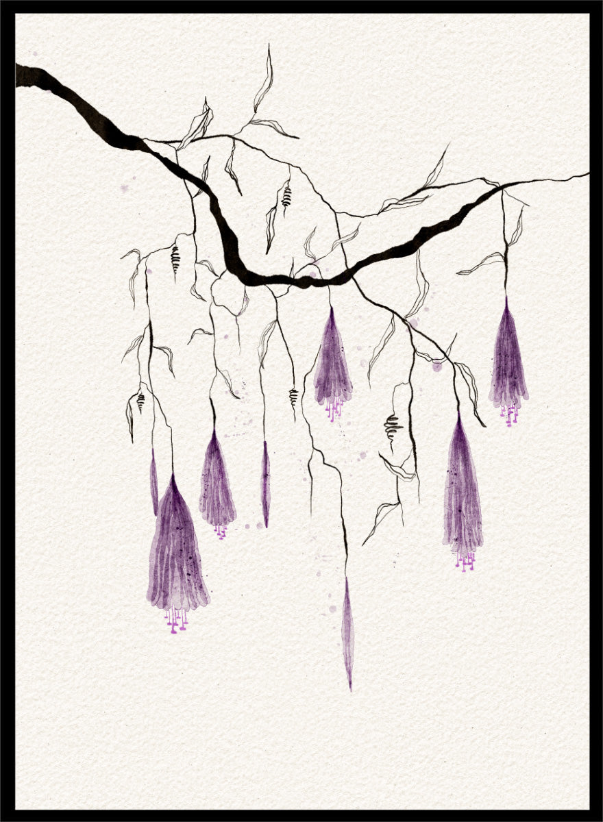 A framed art print featuring a delicate black ink sketch of willow branches with hanging purple blossoms on a textured off-white background. Shop Purple Hanging Blooms by Ankie Kooi, a floral wall art print poster with hanging purple flowers, botanical branch art, watercolor florals, black, and cream.