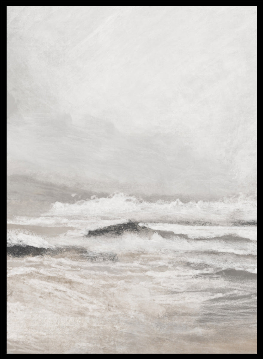 Shop September Coast by Dan Hobday, a set of 2 coastal wall art prints posters featuring rolling waves, dark rocks, misty skies, and soft neutral tones.