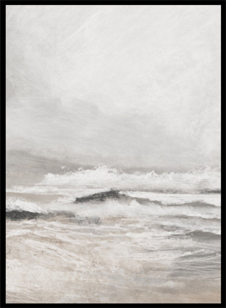 Shop September Coast by Dan Hobday, a set of 2 coastal wall art prints posters featuring rolling waves, dark rocks, misty skies, and soft neutral tones.