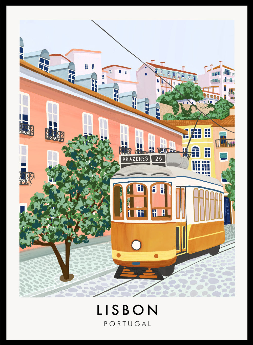 Lisbon Portugal Yellow Tram 28 Colorful Buildings Travel City Art Print | Cityscape Landscape Illustration, Europe Travel Poster
