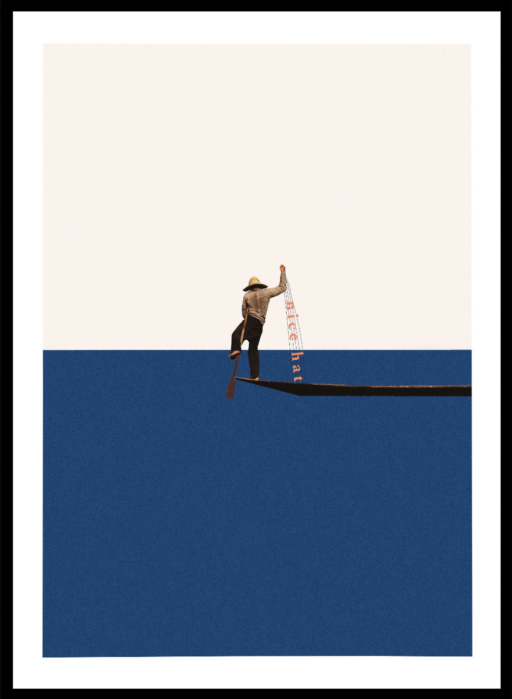 Fishing for Compliments by Maarten Léon is a minimalist collage art print featuring a fisherman at sea. Premium fine art print with real wood frame options.