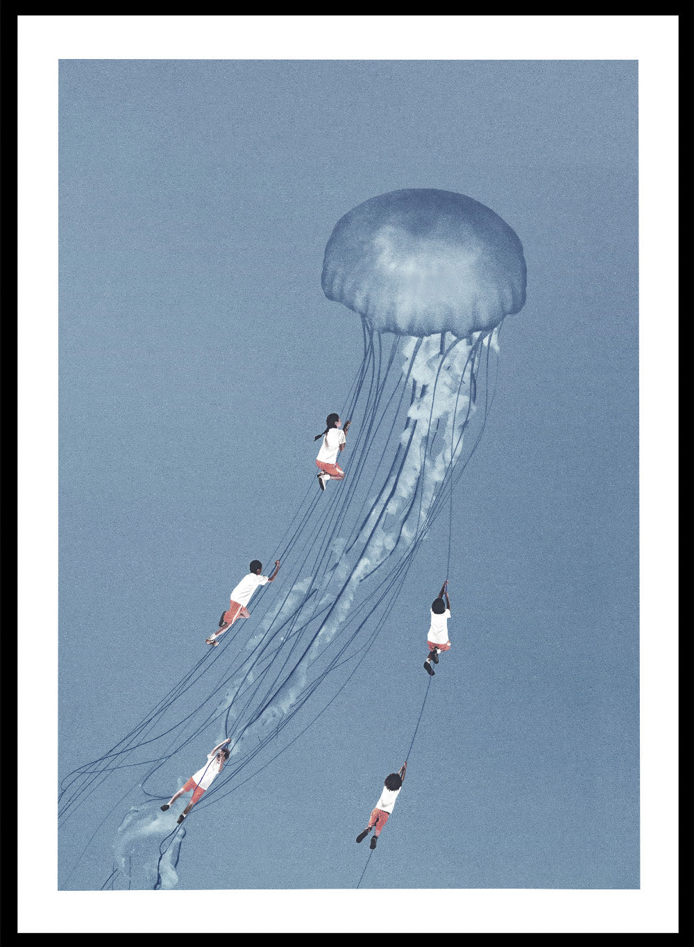 We Came Home Smiling by Maarten Léon is a minimalist collage art print exploring connection, memory, and shared moments. Premium fine art print with real wood framing.