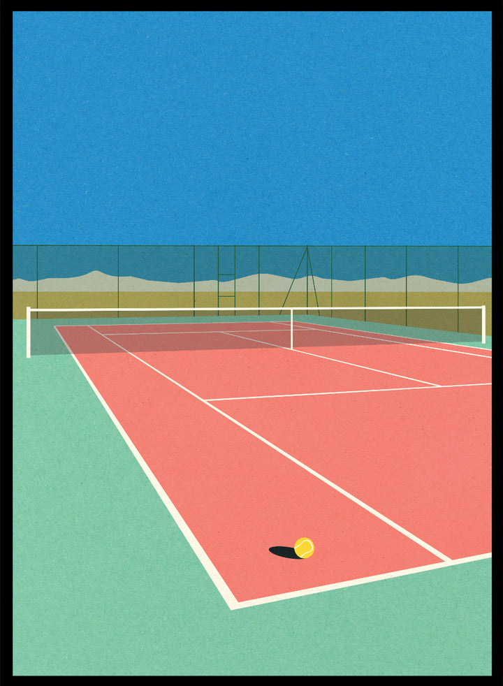 Illustration of a tennis court with a ball on the ground and mountains in the background. Tennis Court in the Desert by Rosi Feist is a modern minimalist fine art print of a pink tennis court in a surreal desert landscape. Officially licensed wall poster with optional artisan framing.