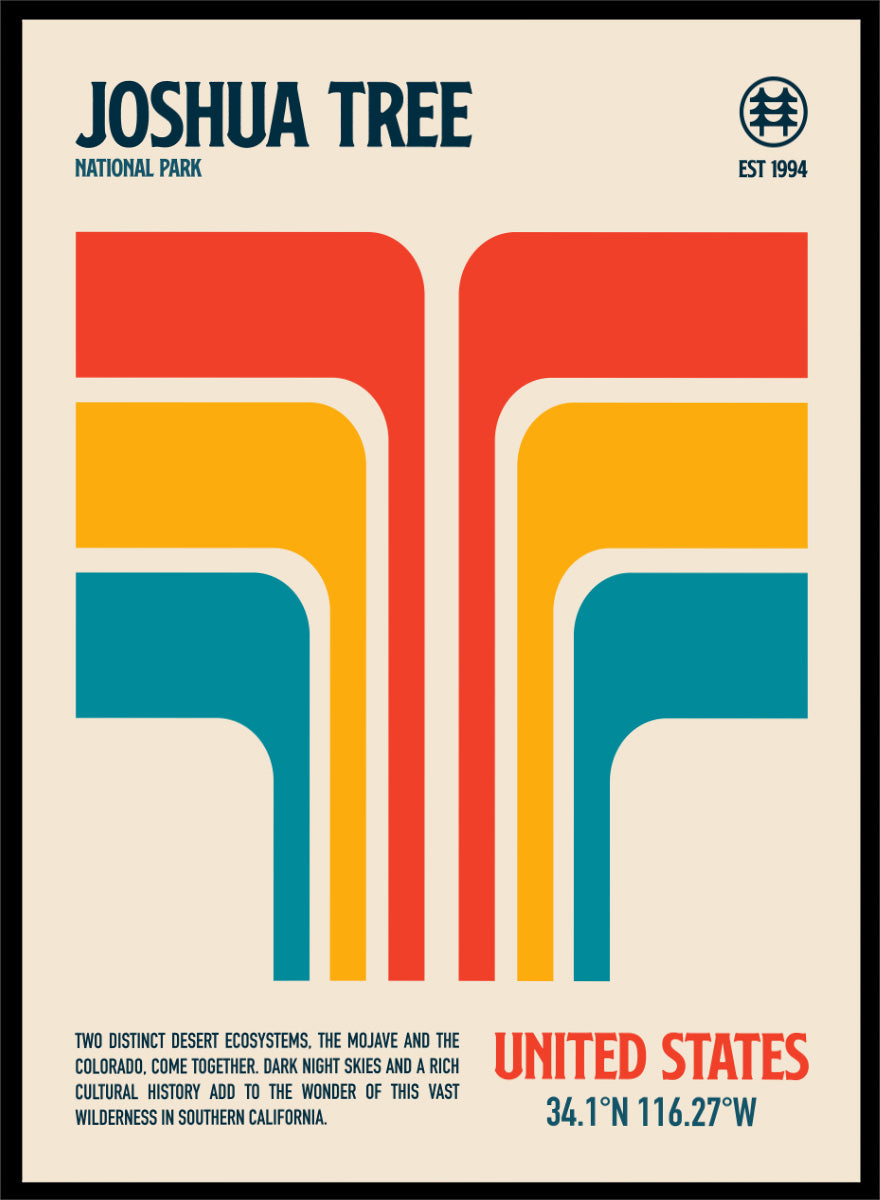 A retro-style poster for Joshua Tree National Park with bold geometric shapes in red, orange, yellow, and teal on a cream background, plus text reading 'Joshua Tree National Park' and 'United States' with coordinates. Joshua Tree Retro Desert by Retrodrome travel art print featuring bold desert stripes, retro color, and a modern Joshua Tree National Park design.