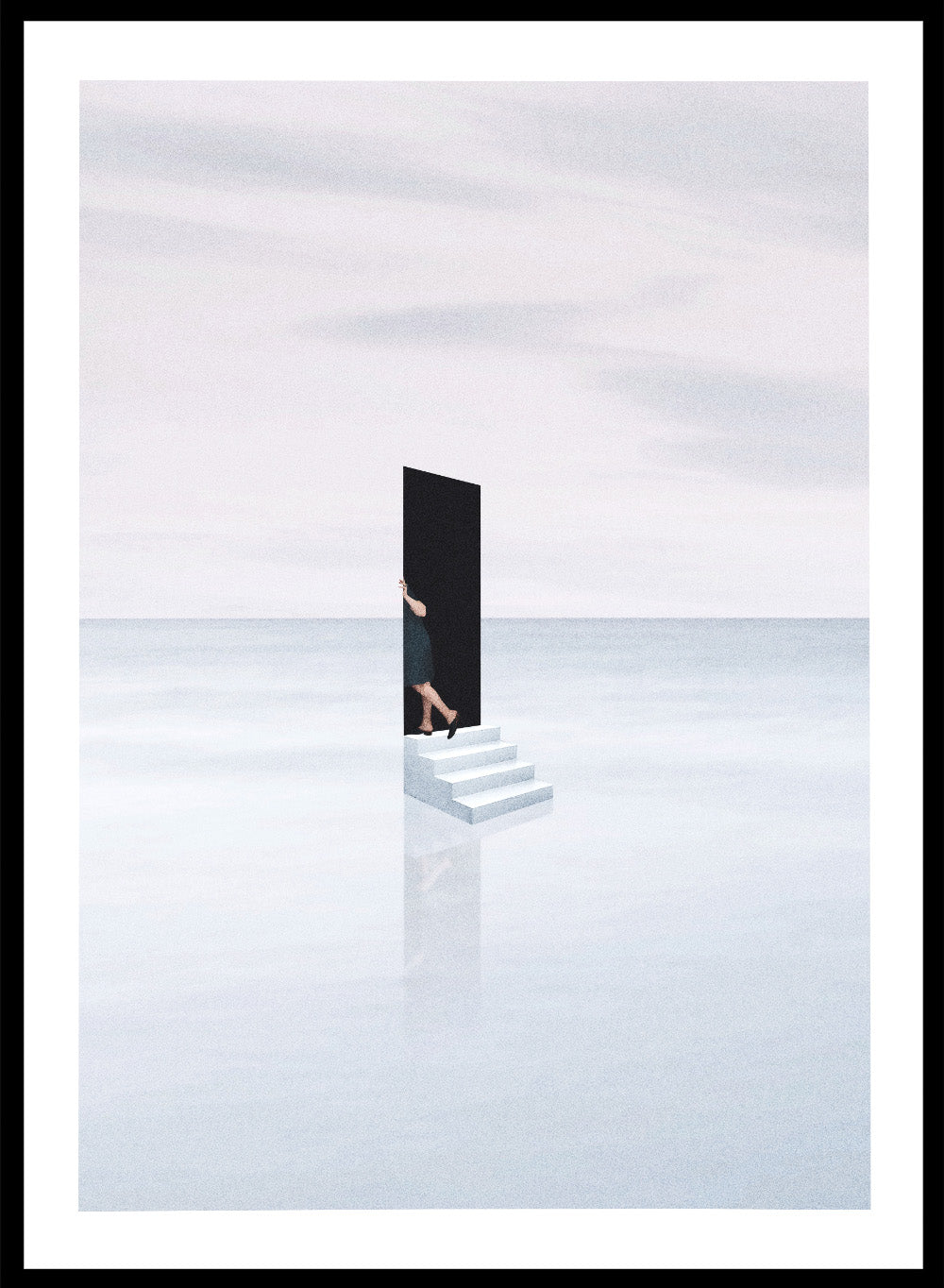 Curiosity by Maarten Léon is a minimalist collage art print showing a figure peering into a blue opening. Premium fine art print with real wood framing.