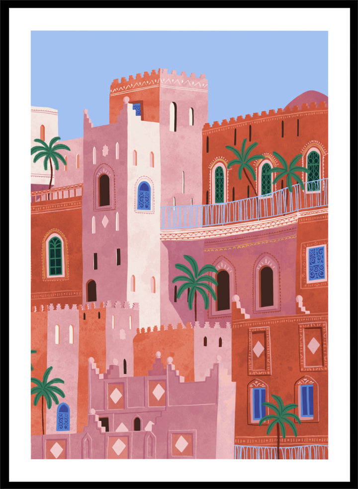 A framed art print featuring a stylized illustration of Moroccan-style buildings in shades of terracotta, pink, and cream, accented with green palm trees and blue window details, set against a light blue sky. Vibrant Moroccan City by Ceyda Alasar travel art print featuring layered terracotta architecture, arched windows, palms, and colorful Moroccan details.