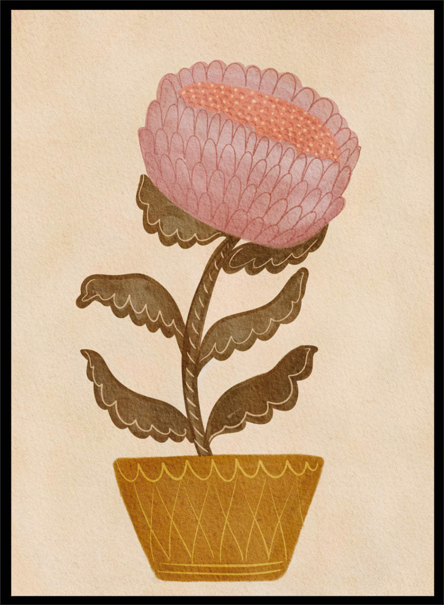 Shop Rustic Potted Flower by Nikita Jariwala, a floral wall art print poster featuring an oversized pink flower, mustard pot, folk art details, and earthy tones.