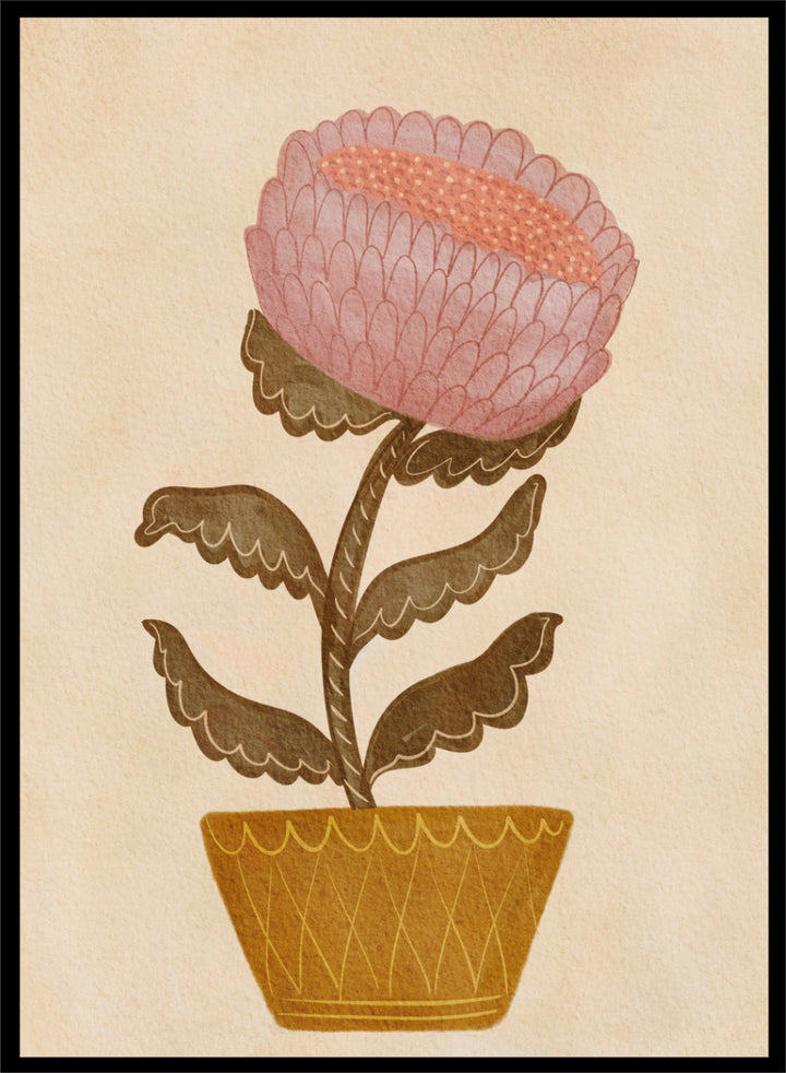 Shop Rustic Potted Flower by Nikita Jariwala, a floral wall art print poster featuring an oversized pink flower, mustard pot, folk art details, and earthy tones.
