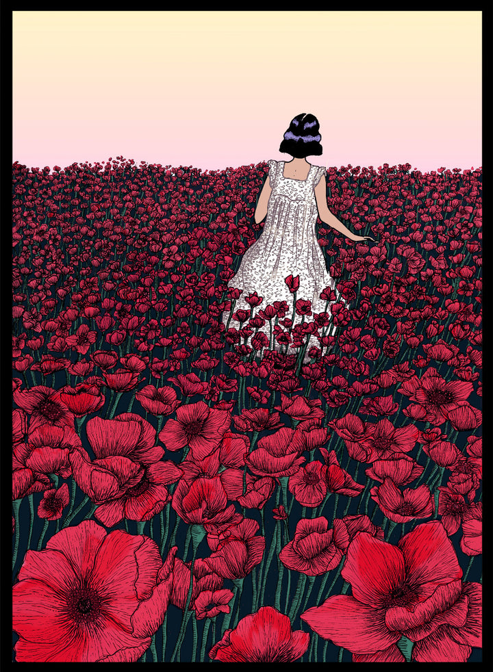 Woman in a white dress standing in a field of red flowers with a gradient sky. Field of Poppies by E.C. Mazur is an officially licensed art print featuring a woman standing in a red poppy field. Illustrated landscape wall poster.