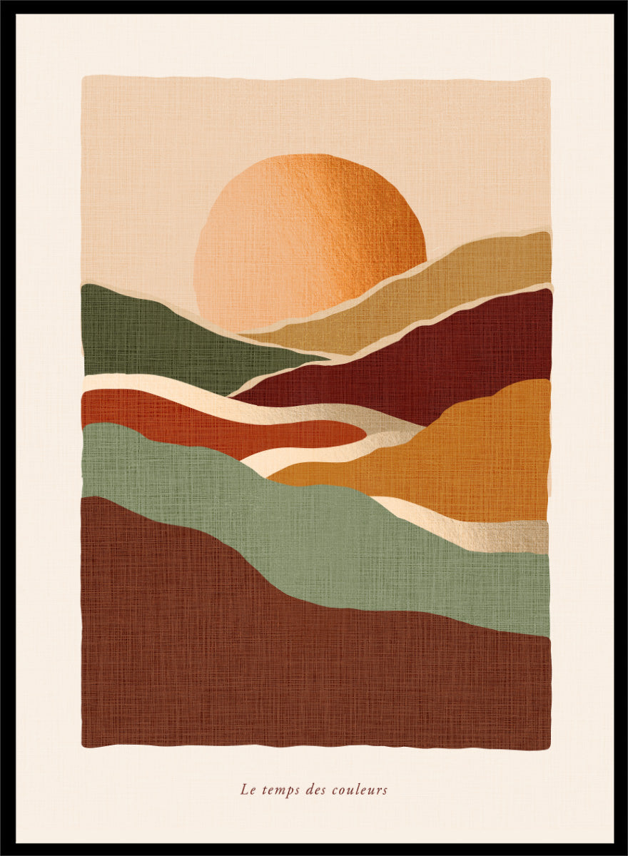 Shop Earthy Sunset Landscape by Dominique Vari, a retro landscape wall art print poster featuring rolling hills, a glowing orange sun, and warm earthy tones.