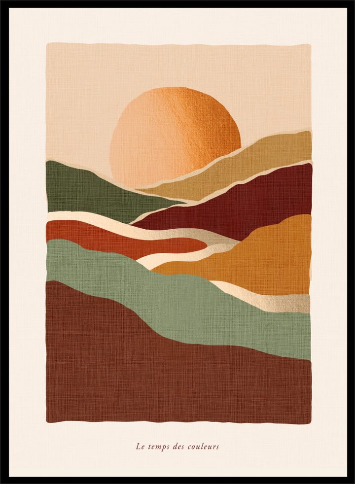 Shop Earthy Sunset Landscape by Dominique Vari, a retro landscape wall art print poster featuring rolling hills, a glowing orange sun, and warm earthy tones.