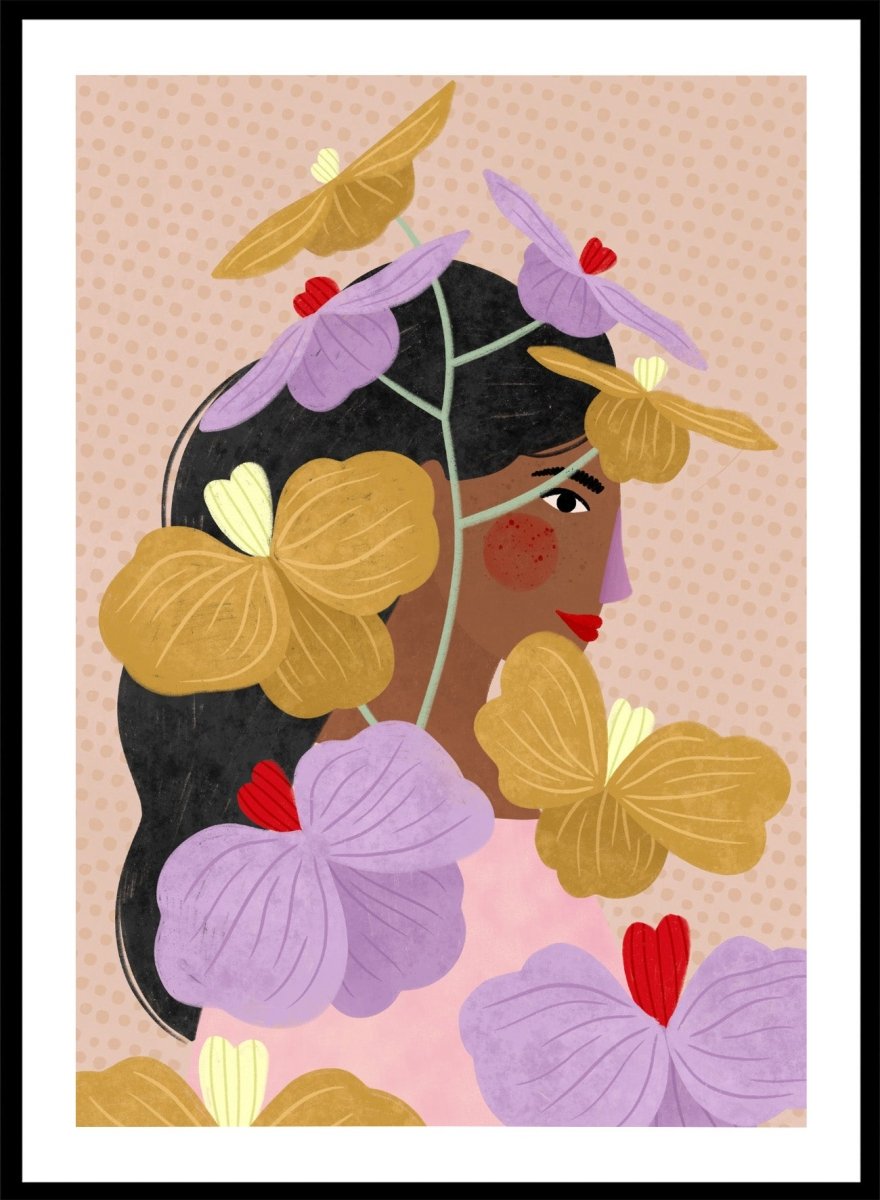 A framed art print featuring a stylized illustration of a woman with dark hair surrounded by large purple and yellow flowers on a beige patterned background. Floral Woman Portrait by Bea Müller premium framed fine art print featuring a woman surrounded by oversized lilac, mustard, and red flowers.