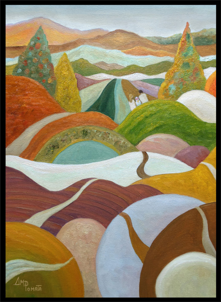 An abstract landscape painting featuring rolling hills, stylized trees, and distant mountains in a warm palette of orange, green, yellow, brown, and white. Shop Vibrant Hillside Path by Angeles M. Pomata, an autumn landscape art print with winding paths, rolling hills, and warm earthy tones.