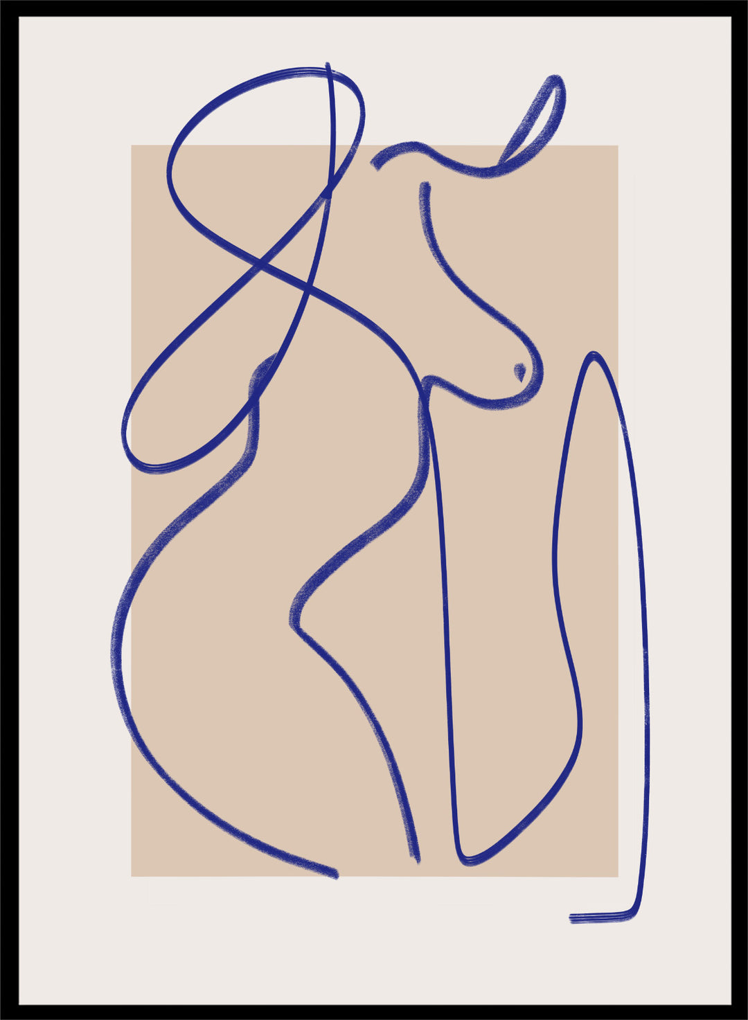 Abstract line art of a woman on a beige background. Abstract Flow Line by Little Dean abstract line art print featuring minimalist female figure drawing, modern contemporary line illustration wall art poster.