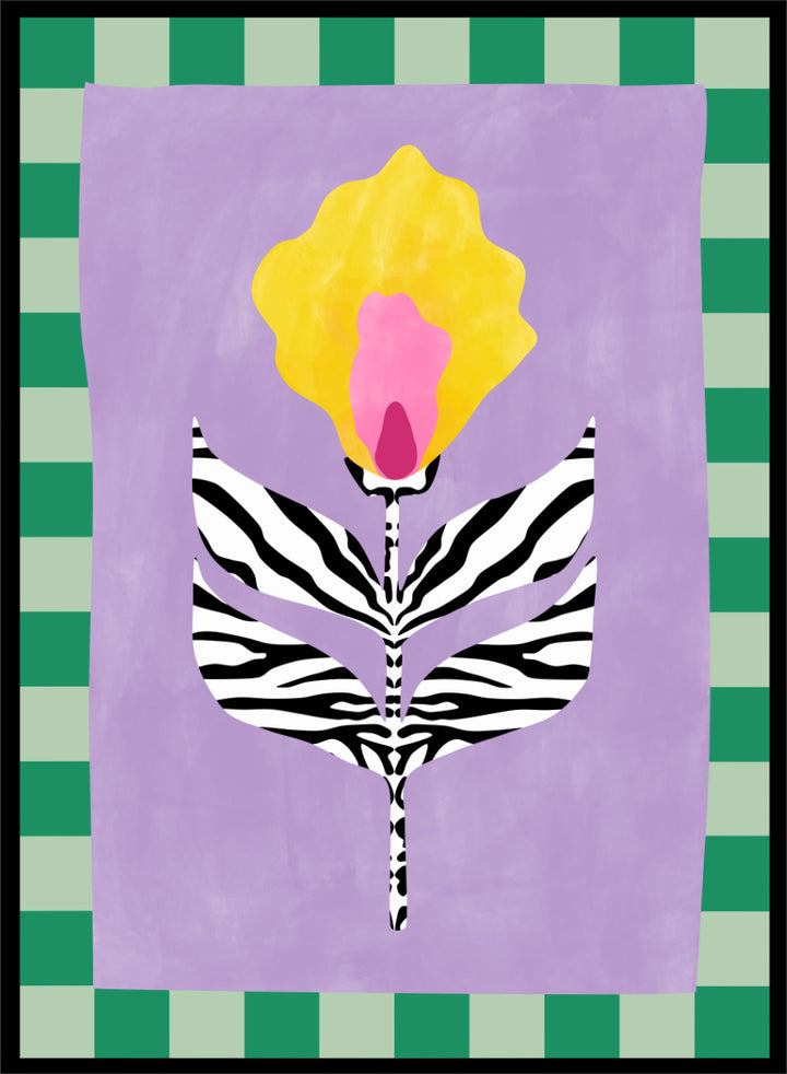 Shop Modern Zebra Flower by Elena Ristova, a colorful floral wall art print poster featuring zebra-striped leaves, a yellow-pink bloom, lavender, and green checks.