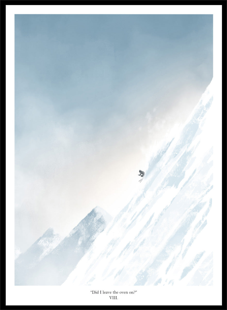 A framed art print featuring a minimalist illustration of a skier on a snowy mountain slope under a pale blue sky, with the text 'Did I leave the oven on?' at the bottom. Shop Extreme Mountain Skiing by Jake Waldron, a minimalist ski wall art print featuring alpine mountains, extreme skiing, and soft blue winter tones.
