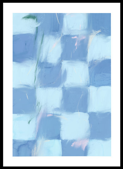 Blue Checkerboard Abstract Wall Art Print Hand Painted Modern Checkered Pattern Illustration, Aesthetic Contemporary Geometric Poster