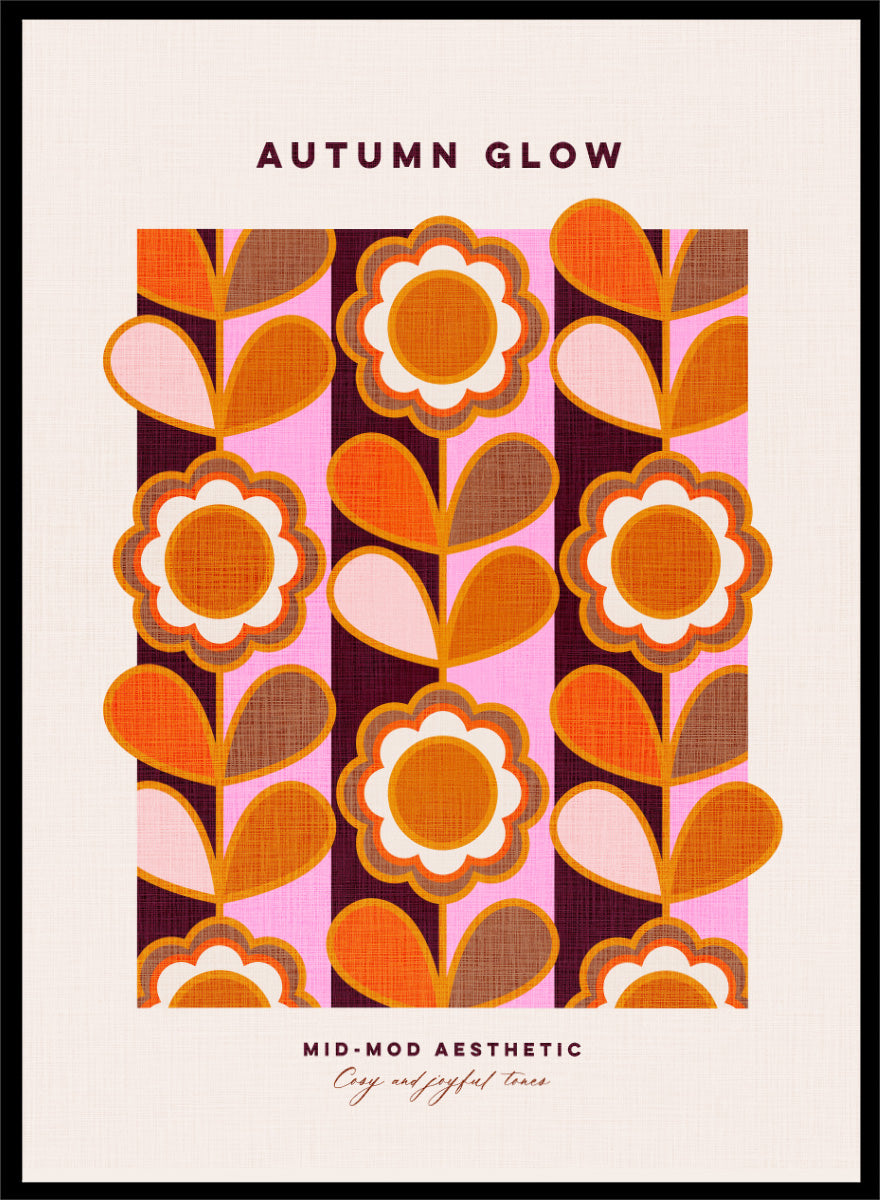 Shop Mid-Mod Autumn Glow by Dominique Vari, a retro floral wall art print poster featuring bold flowers, striped patterns, and warm orange, pink, brown, and burgundy tones.