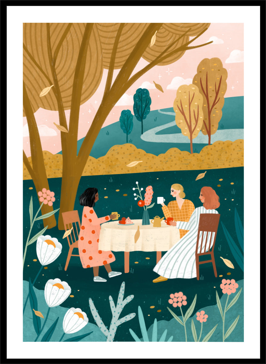 Shop Autumn Tea Party by Bea Müller, a figurative wall art print poster featuring three friends sharing tea in a garden surrounded by warm green autumn scenery.