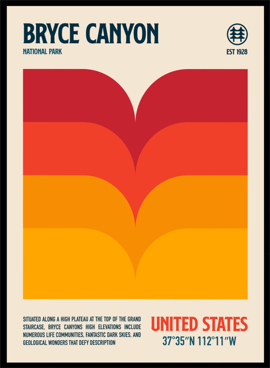 A retro-style poster for Bryce Canyon National Park with a cream background, a large abstract canyon landscape graphic in red, orange, and yellow, and text reading 'BRYCE CANYON NATIONAL PARK' and 'UNITED STATES'. Bryce Canyon Sunset by Retrodrome retro travel art print inspired by Bryce Canyon National Park, with layered sunset colors and bold desert shapes.