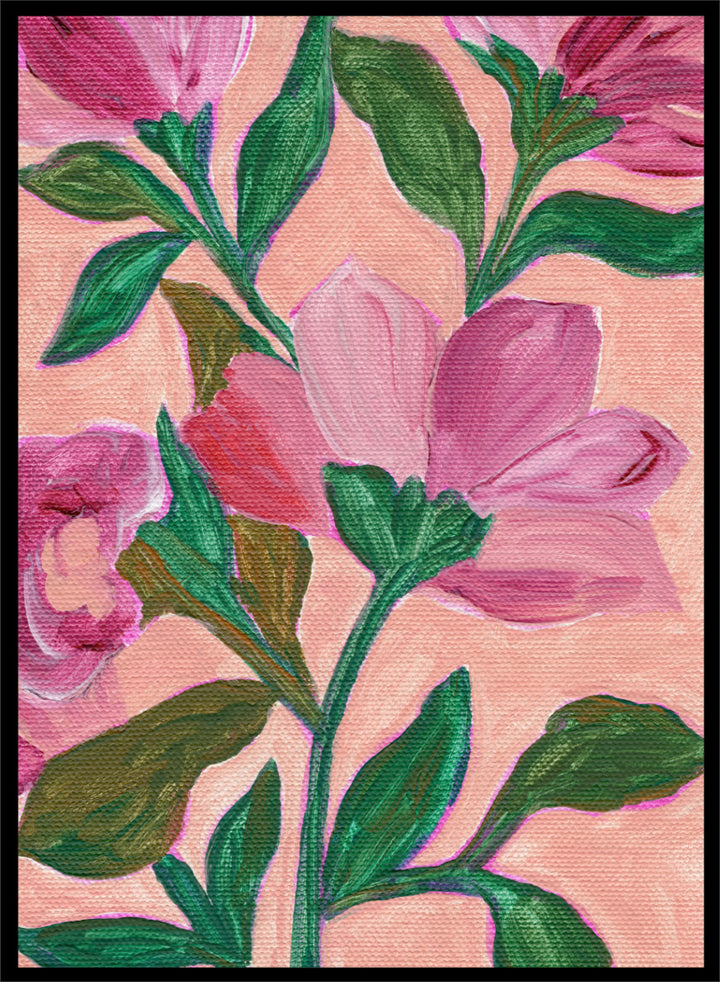 Shop Vibrant Pink Blooms No.2 by Nikita Jariwala, a floral wall art print poster featuring oversized pink flowers and lush modern botanical artwork.